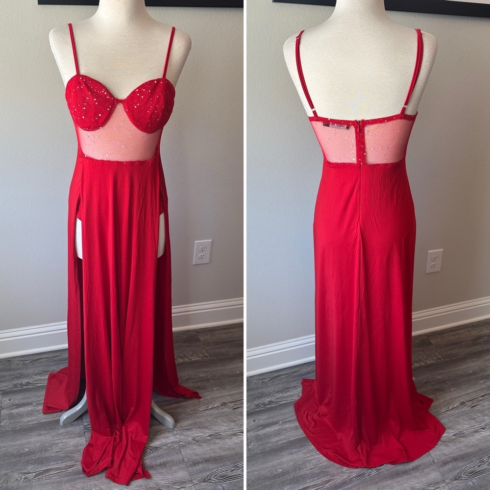 Red Gown w/ Sheer Panels w/ double high splits
